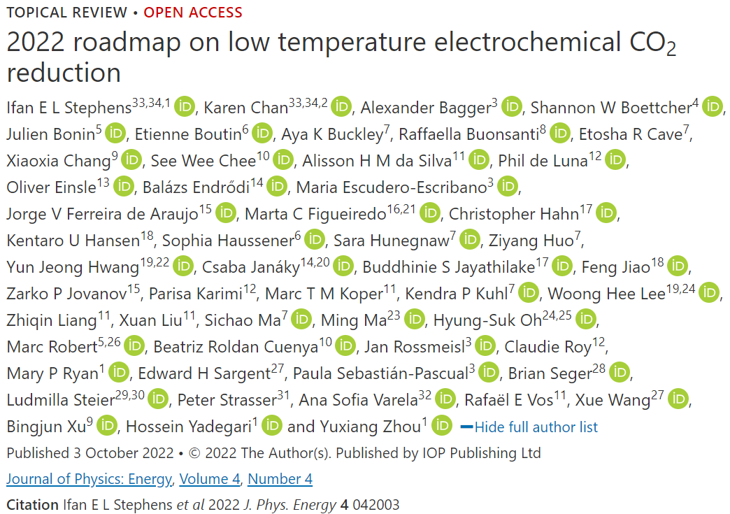 大作！53位專家學者共同闡述：2022年低溫電化學CO2還原路線圖！