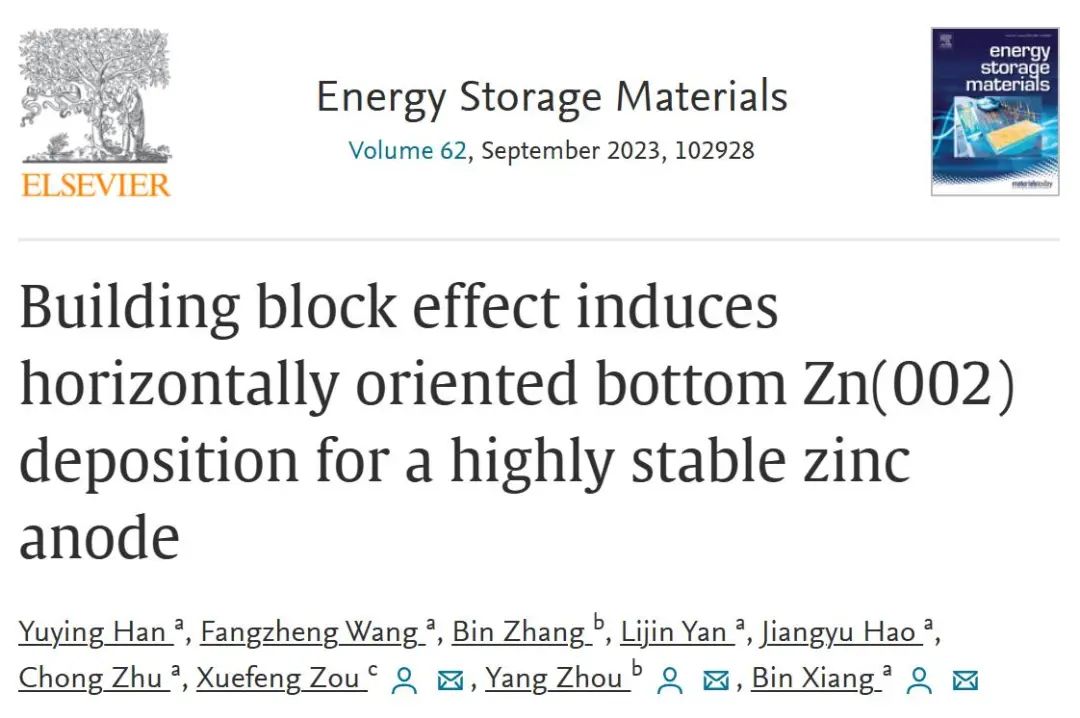 向斌/周洋/鄒雪鋒EnSM：積木效應(yīng)誘導(dǎo)底部Zn(002)沉積實現(xiàn)高穩(wěn)定性鋅負(fù)極