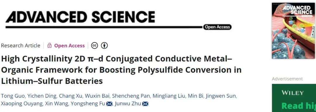 朱俊武/付永勝Adv. Sci.：π-d共軛導(dǎo)電MOF促進鋰硫電池中多硫化物轉(zhuǎn)化