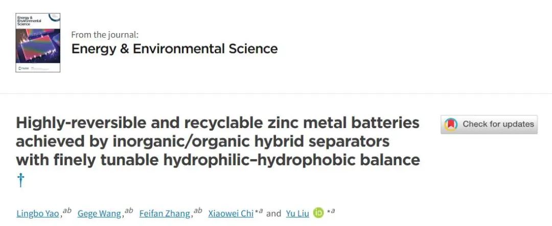 劉宇/遲曉偉EES：親疏水平衡的無(wú)機(jī)/有機(jī)混合隔膜實(shí)現(xiàn)高可逆性和可回收的鋅金屬電池