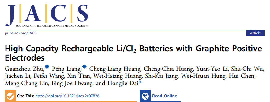 戴宏杰院士JACS：基于石墨正極的高容量可充電Li/Cl2電池