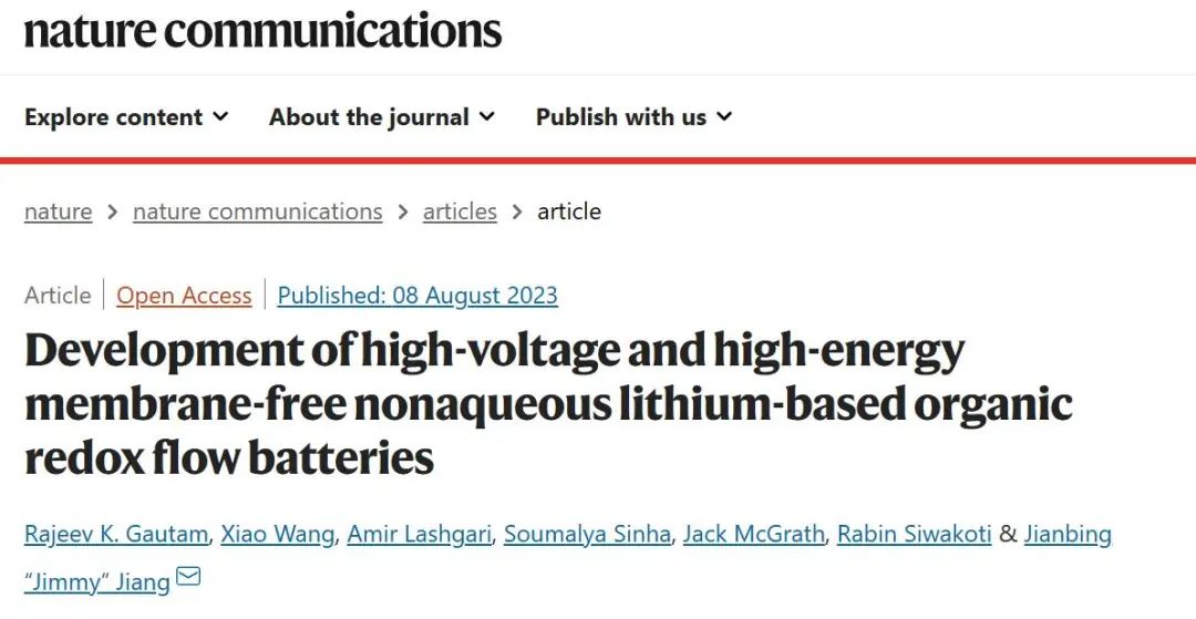 ?蔣建兵Nature子刊：高電壓高能無膜非水鋰基有機氧化還原液流電池的開發(fā)