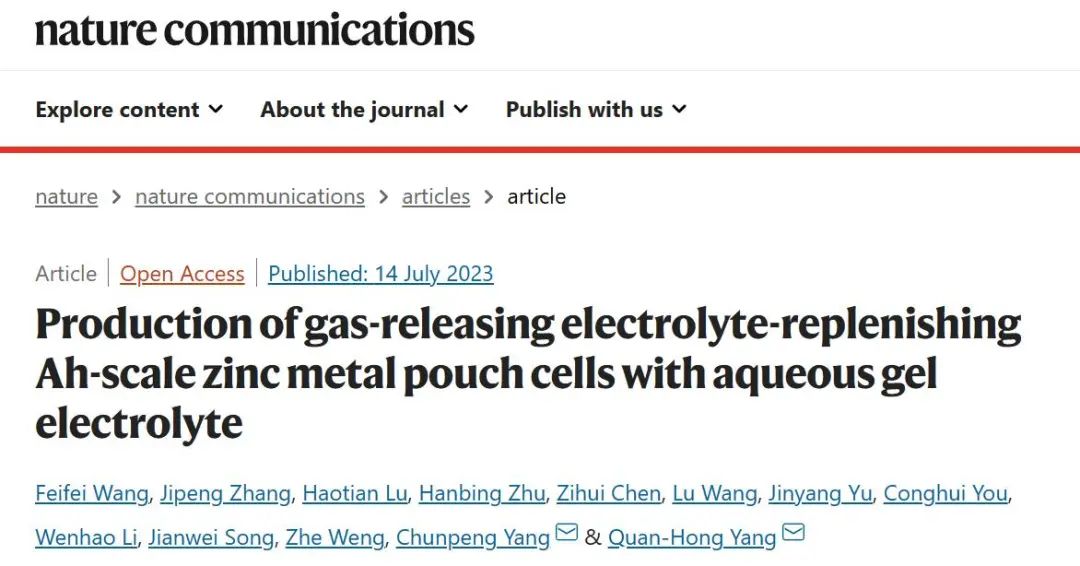 楊全紅/楊春鵬Nature子刊：水性凝膠電解質(zhì)生產(chǎn)釋氣電解質(zhì)補(bǔ)充Ah規(guī)模的鋅金屬軟包電池