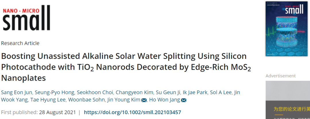 Small：最高值！硅光電陰極和MoS2納米板修飾的TiO2納米棒助力堿性太陽能水分解