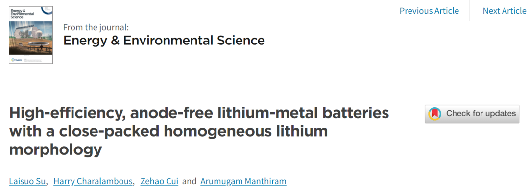 Arumugam Manthiram教授EES: 揭秘先進(jìn)電解液提升無(wú)負(fù)極鋰金屬電池性能的機(jī)制