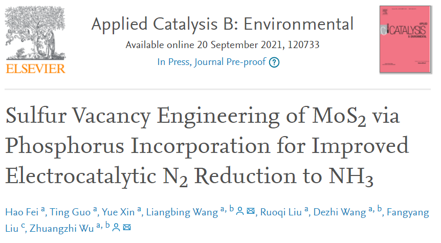 吳壯志/王梁炳Appl. Catal. B.：P-摻雜S空位的MoS2助力電催化N2還原為NH3