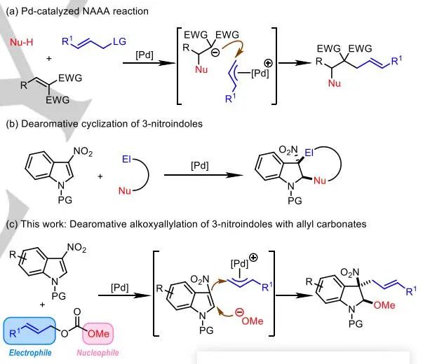 游書力Angew.：Pd催化3-硝基吲哚與碳酸烯丙酯的脫芳甲氧基烯丙基化反應(yīng)