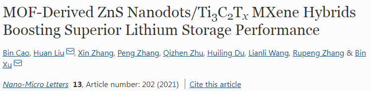 徐斌/劉歡NML：MOF衍生的ZnS納米點(diǎn)/MXene雜化物可提升鋰存儲(chǔ)性能