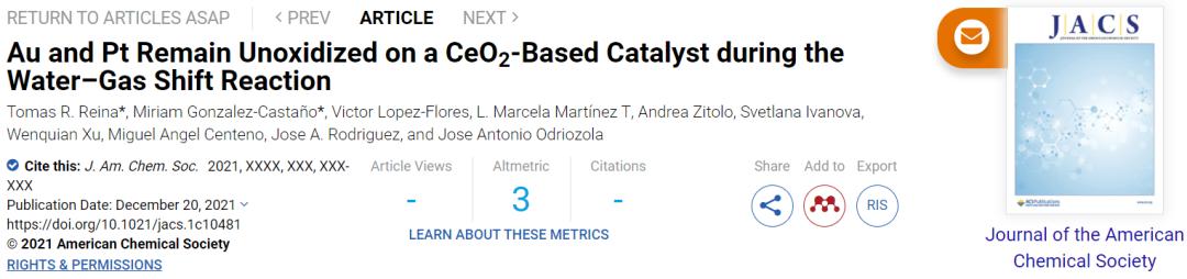 JACS：CeO2基催化劑上Au和Pt在WGS反應(yīng)中有何變化？