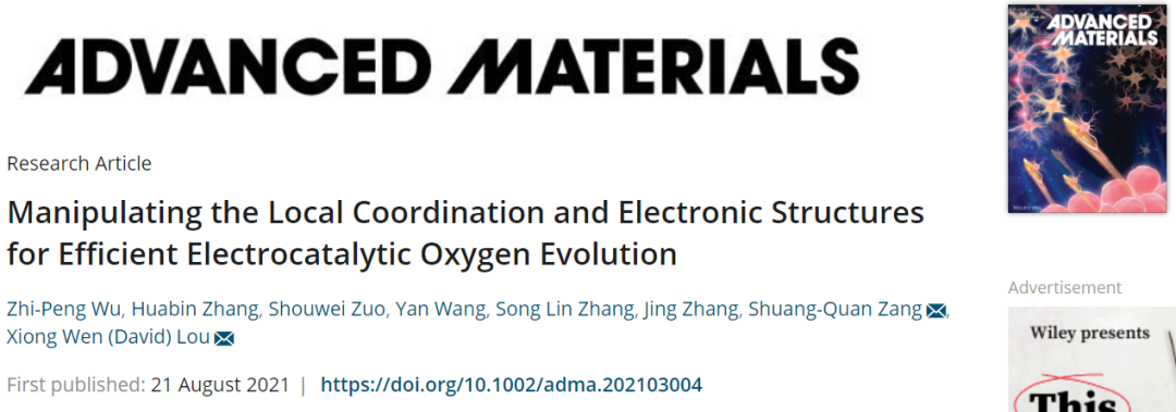 樓雄文/臧雙全AM：操縱局部配位和電子結(jié)構(gòu)實(shí)現(xiàn)高效電催化OER