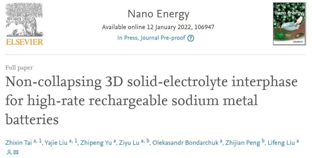 劉利峰Nano Energy：非塌陷三維SEI助力快充鈉金屬電池