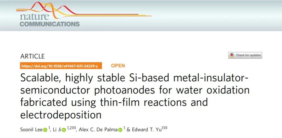 Nat. Commun.：使用薄膜反應(yīng)和電沉積制造的用于水氧化的可擴展、高度穩(wěn)定的硅基金屬-絕緣體-半導(dǎo)體光陽極