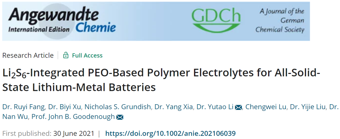 Goodenough&李玉濤等Angew: 用于全固態(tài)鋰金屬電池的Li2S6集成PEO基聚合物電解質(zhì)