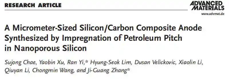 張繼光/Ran Yi等AM：瀝青助力納米硅負極儲能更進一步