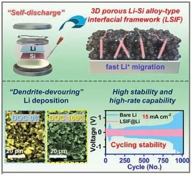 高麗大學(xué)AEM: 多孔親鋰Li-Si合金型界面骨架通過自放電機(jī)制實(shí)現(xiàn)穩(wěn)定的鋰金屬負(fù)極