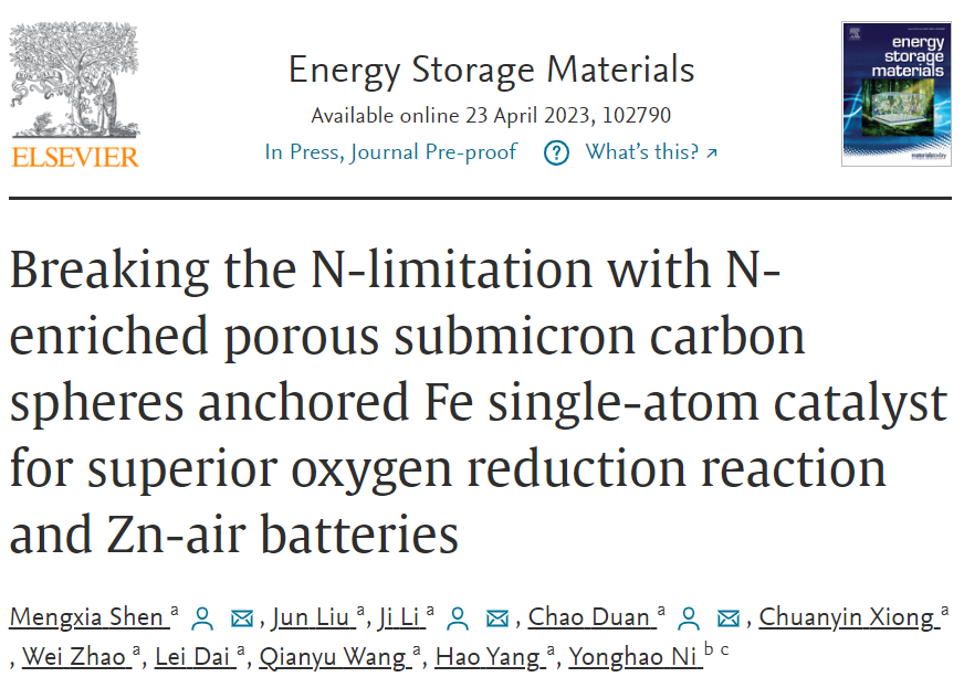 段超/李季/沈夢霞EnSM：FeSA/N-PSCS助力ORR和Zn-空氣電池