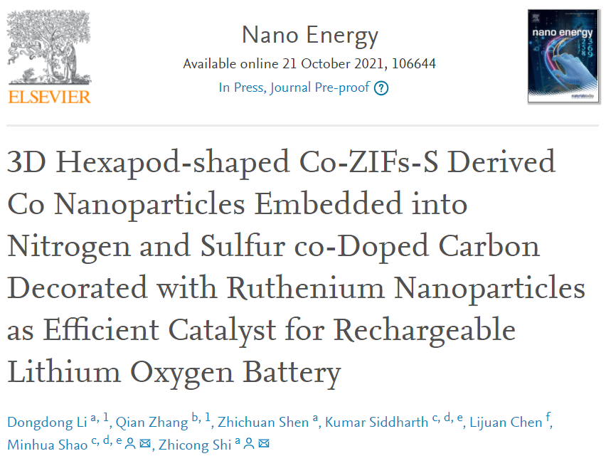 施志聰/邵敏華Nano Energy：3D六角形Co-ZIFs-S衍生的Co NPs作為可在充電鋰-氧電池的高效催化劑