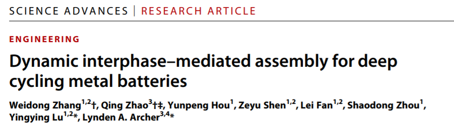 浙大陸盈盈Science Advances：動態(tài)界面介導(dǎo)金屬沉積，助力深度循環(huán)金屬電池