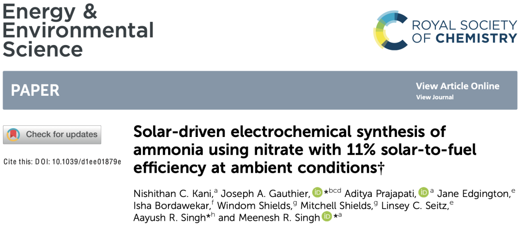 EES：電催化NO3-制氨，F(xiàn)E>92%，太陽能轉(zhuǎn)化效率>11%