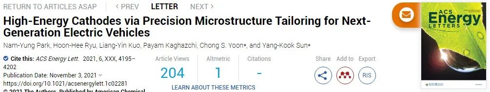 ACS Energy Lett.：為下一代電動汽車定制高能正極