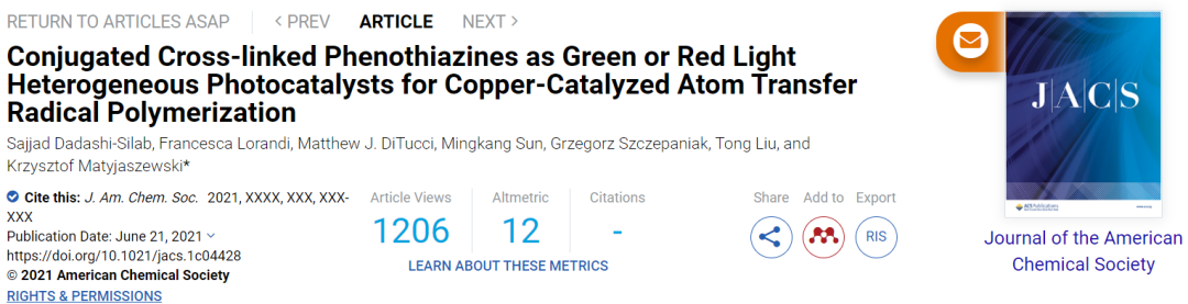 JACS：共軛交聯(lián)吩噻嗪作為綠光或紅光多相光催化劑用于銅催化ATRP