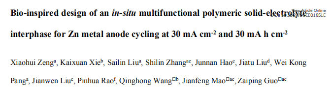 郭再萍/王慶紅/毛建峰EES：用于Zn負(fù)極循環(huán)的原位多功能聚合物SEI的仿生設(shè)計(jì)