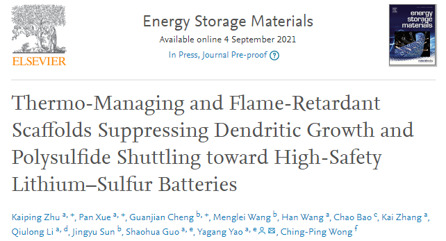 姚亞剛EnSM: 用于高安全性鋰硫電池的抑制枝晶生長和多硫化物穿梭的熱管理和阻燃支架