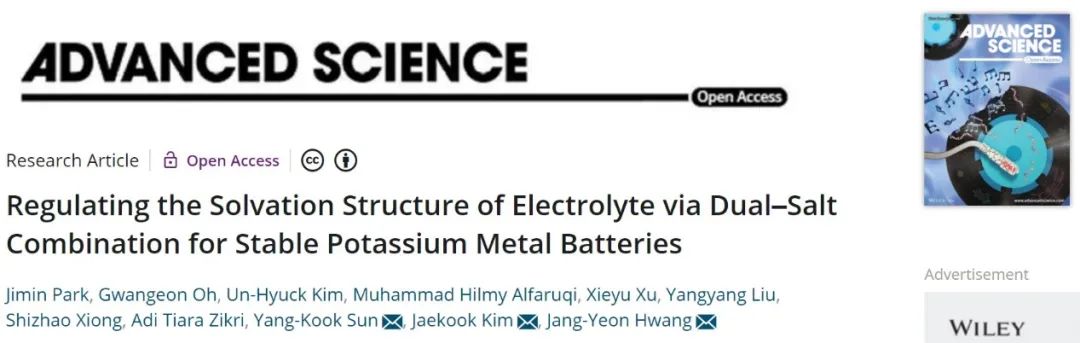 Adv. Sci.：通過(guò)雙鹽組合調(diào)節(jié)電解液溶劑化結(jié)構(gòu)實(shí)現(xiàn)穩(wěn)定的鉀金屬電池