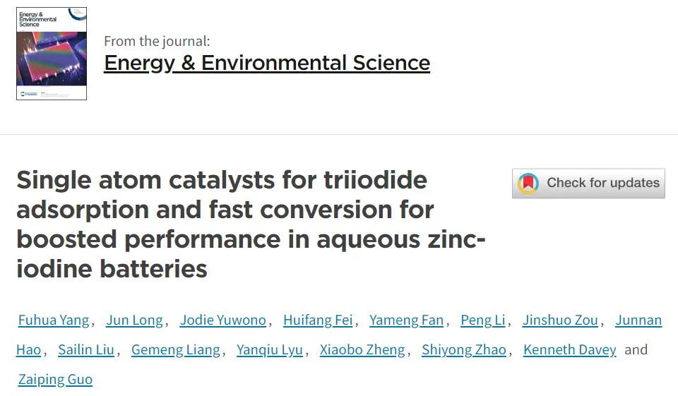 郭再萍等EES：Cu單原子抑制鋅-碘電池的穿梭效應
