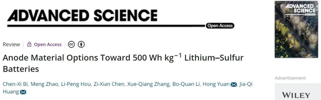 北理黃佳琦/袁洪Adv. Sci.：500 Wh/kg鋰硫電池的負(fù)極材料選擇