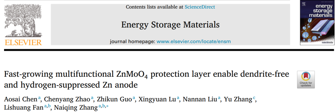哈工大張乃慶EnSM：多功能ZnMoO4保護(hù)層實(shí)現(xiàn)抑制枝晶和析氫的鋅負(fù)極
