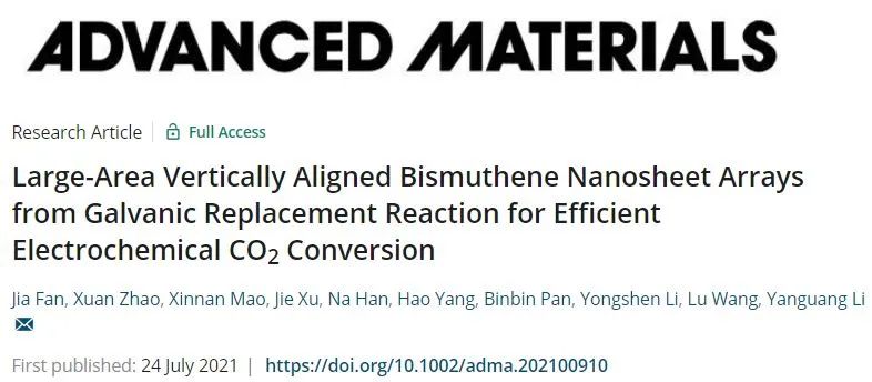 ?蘇大李彥光AM: 大面積垂直排列的Bi納米片陣列用于高效電化學(xué) CO2轉(zhuǎn)化