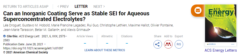 ACS Energy Lett.：無機(jī)涂層能否用作水系超濃電解液的穩(wěn)定SEI？