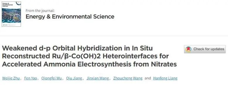 ?廈大EES：原位重構(gòu)Ru/β-Co(OH)2界面弱化d-p軌道雜化，加速硝酸鹽電還原為氨