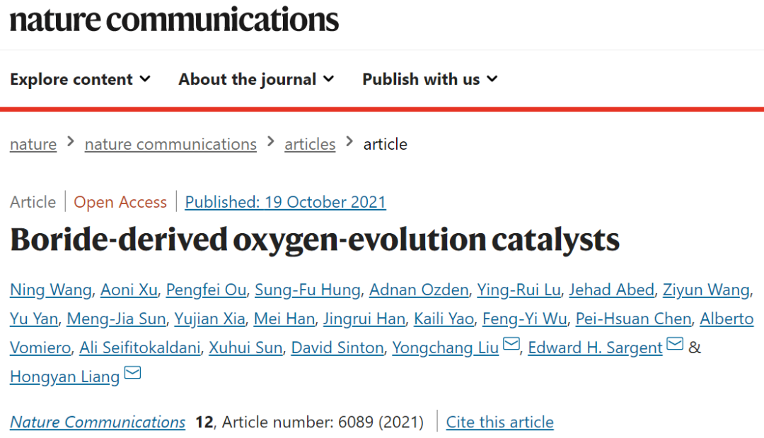 Edward H. Sargent/梁紅艷/劉永長Nature子刊：硼化物衍生的OER電催化劑