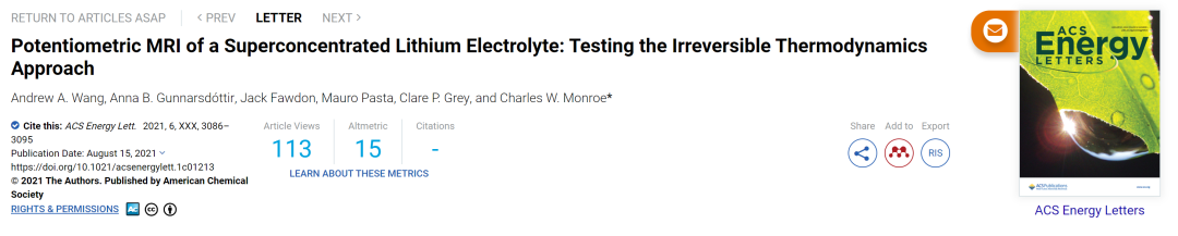 牛津ACS Energy Lett.: 超濃縮電解質(zhì)的電位MRI：一種測(cè)試不可逆熱力學(xué)的方法