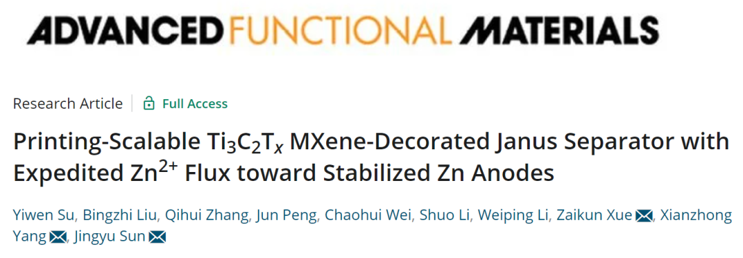 孫靖宇/楊先中/薛載坤AFM: 用于穩(wěn)定鋅負(fù)極的MXene修飾的Janus隔膜