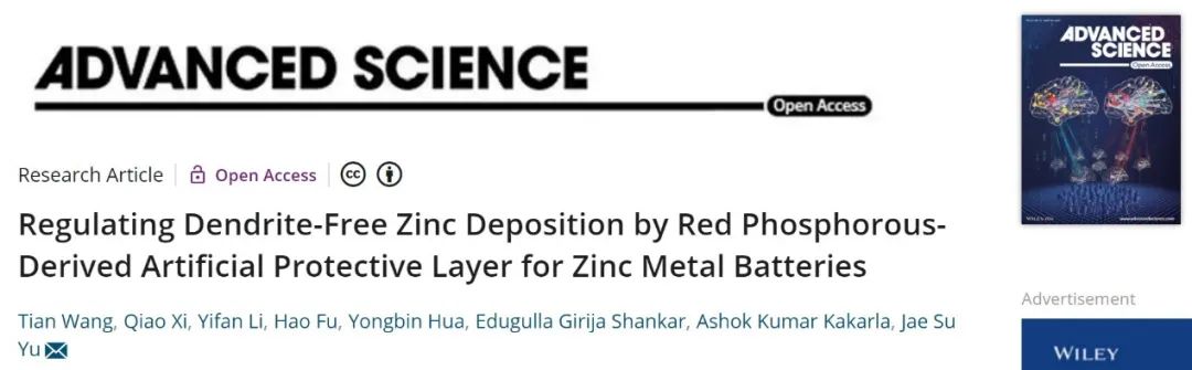 Adv. Sci.：紅磷衍生人工保護(hù)層使鋅負(fù)極穩(wěn)定循環(huán)1100小時(shí)！