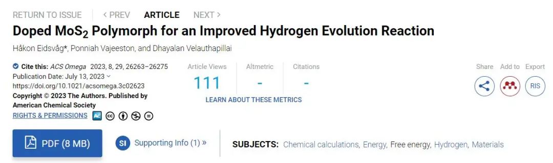 純計(jì)算ACS omega：摻雜MoS2多晶體以改善析氫反應(yīng)活性