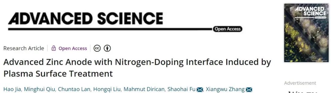 江南大學(xué)付少海等Adv. Sci.：等離子體表面處理獲得無(wú)枝晶鋅負(fù)極