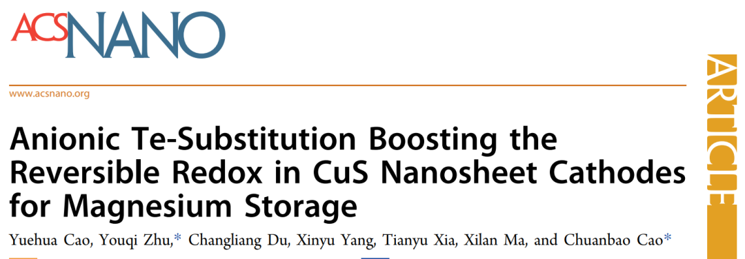 曹傳寶/朱有啟ACS Nano: 陰離子Te取代提高CuS納米片正極的儲鎂性能