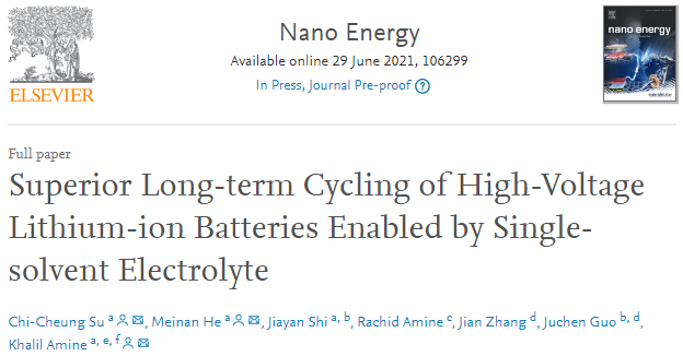 Nano Energy：單溶劑電解液實現(xiàn)高壓鋰離子電池長期穩(wěn)定循環(huán)