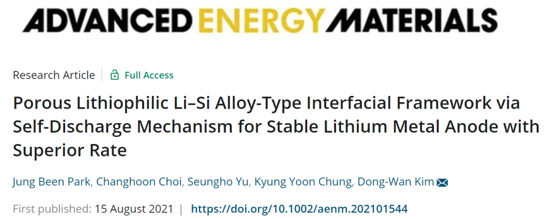 高麗大學(xué)AEM: 多孔親鋰Li-Si合金型界面骨架通過自放電機(jī)制實(shí)現(xiàn)穩(wěn)定的鋰金屬負(fù)極