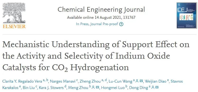 Chem. Eng. J.: 負(fù)載效應(yīng)增強(qiáng)In2O3催化劑用于CO2加氫制甲醇的活性和選擇性