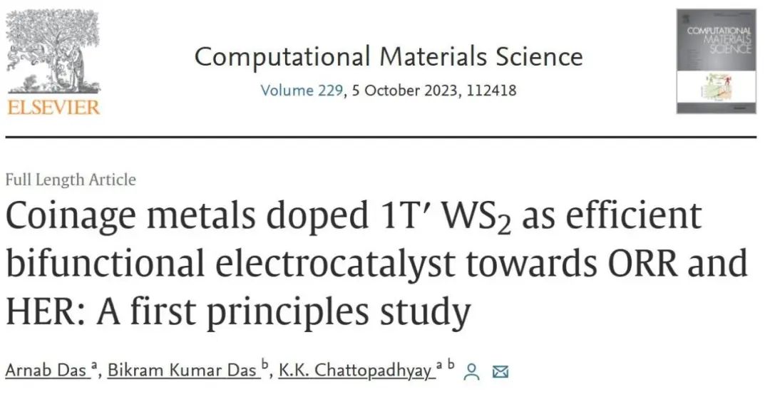 純計算Comp. Mater. Sci.：銅系金屬摻雜1T'WS2作為ORR和HER的高效雙功能電催化劑