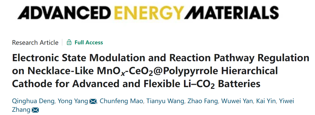 張一衛(wèi)/楊勇AEM: 用于先進柔性Li-CO2電池的MnOx-CeO2@聚吡咯正極