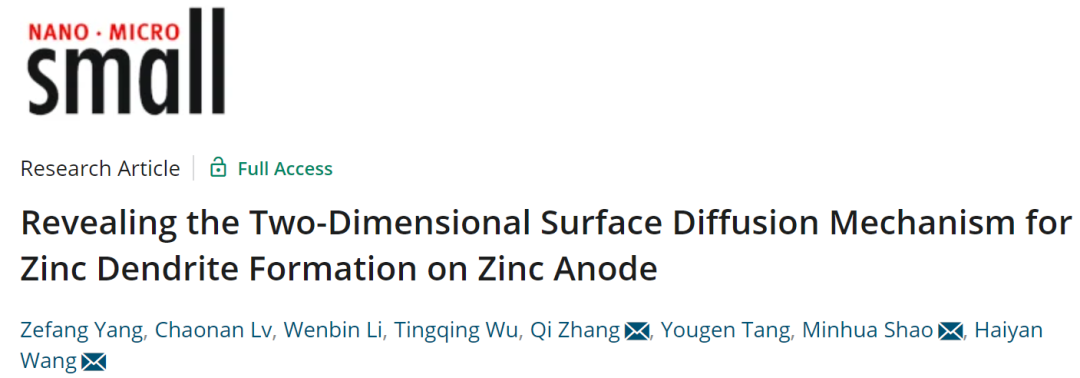 王海燕/邵敏華/張旗Small: 揭示鋅負(fù)極上鋅枝晶形成的二維表面擴(kuò)散機(jī)理