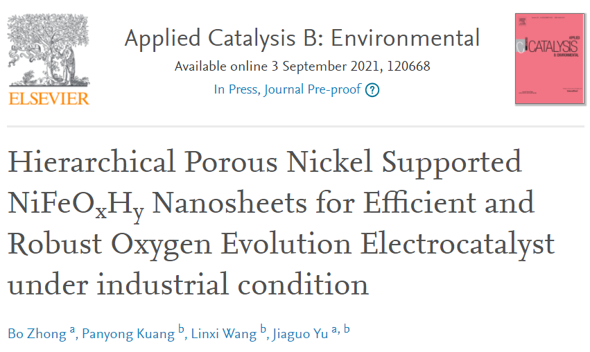 武理余家國Appl. Catal. B.：分層多孔Ni負載NiFeOxHy納米片在工業(yè)條件下實現(xiàn)高效和穩(wěn)定的OER