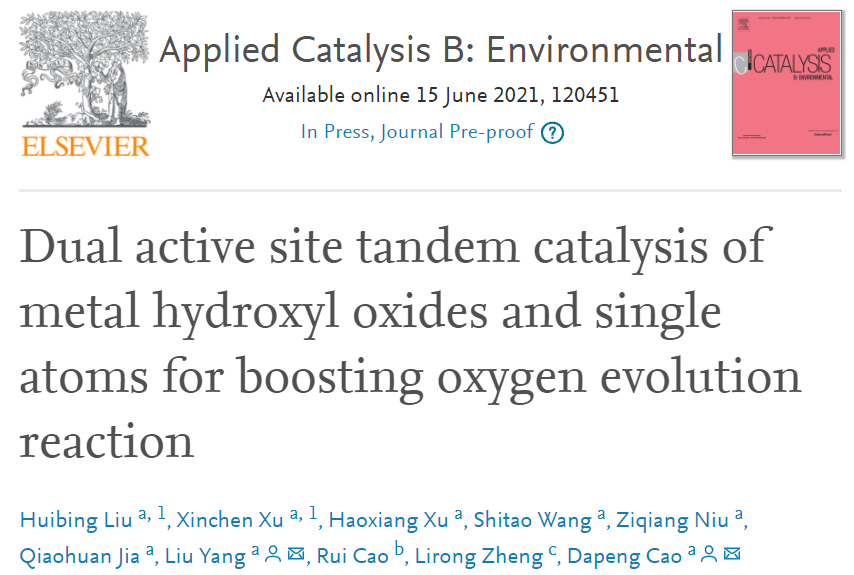 北化工Appl. Catal. B Environ.：串聯(lián)催化！單原子與金屬羥基氧化物助力OER