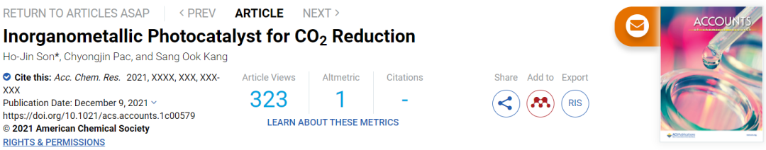 Acc. Chem. Res.：用于CO2還原的無機(jī)金屬光催化劑